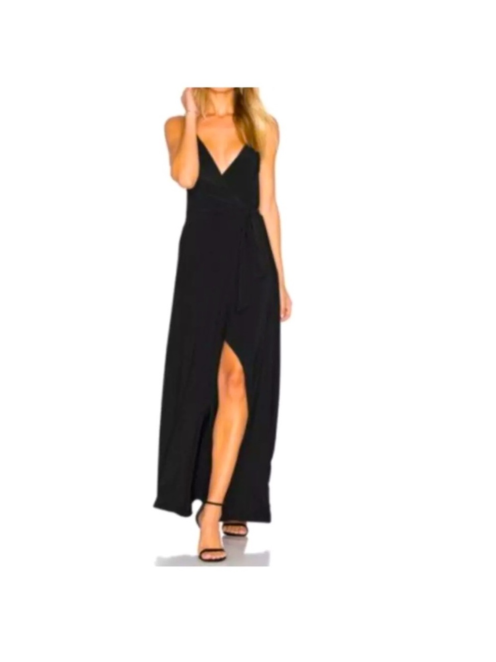 Misa Los Angeles Black Maxi Wrap Dress with Side Slit